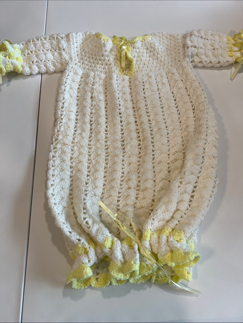 Handmade Crochet Baby One-Piece with Yellow Trim - ribbon details